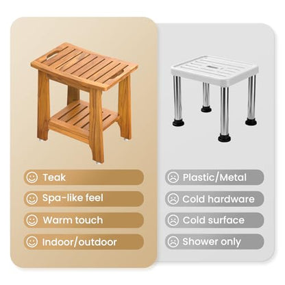 NNN 18" Standard Teak Shower Bench with Japan-Made Non-Slip Leveling Feet | US Patented Design, Marine-Grade Hardware, Pre-Oiled European Teak Oil, Ready, 300lb, for Standard Tubs Showers & Outdoor Use - size: 18"W x 12" Dx 18"H