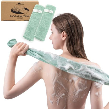 myHomeBody Exfoliating Washcloths for Showering, Light Green, Set of 2 | Stretches for Hard-to-Reach Areas, Loofah Body Scrubber Exfoliator, Back Shower Towel, Bath Washer for Exfoliation