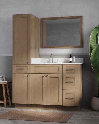 51" Bathroom Vanity with Linen Storage Tower and 4 Drawers, Carrara Quartz Top and Ceramic Sink, Left or Right Tower Option, Solid Wood Frame, 52" x 22" x 72" (Natural Oak, Left Tall Cabinet) - color: Natural Oak