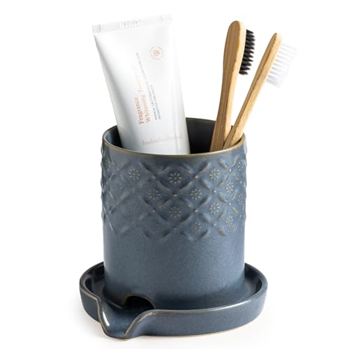 Zoeeker Toothbrush Holder, Ceramic Toothbrush and Toothpaste Holder Set | Electric Toothbrush Holder for Bathrooms Self-draining Toothbrush Organizer Makeup Brush Holder for Shower, Vanity, Blue - color: B-blue
