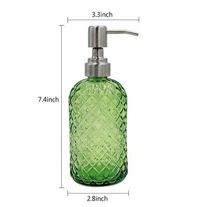 16 oz Diamond Pattern Glass Soap Dispenser, Kitchen and Bathroom Refillable Soap Dispenser with Rust Resistant Stainless Steel Pump for Hand Soap, Lotion Glass Liquid Dispenser(Green-2pack) - color: Green-2pack