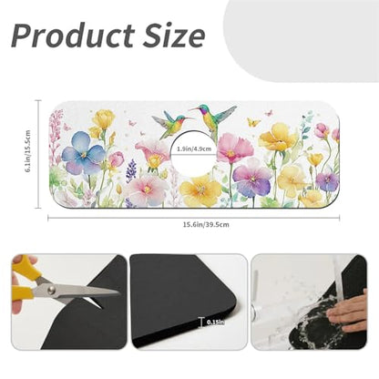 Kitchen Sink Splash Guard，Spring-flowers with hummingbirds Faucet Mat Sink Gadgets-Super Absorbent Fast Drying Mat Drip Catcher for Kitchen, Bathroom,Sink Mat, Dish Drying Mat, Bathroom(15" X 5.5" ) - color: Spring-flowers with hummingbirds