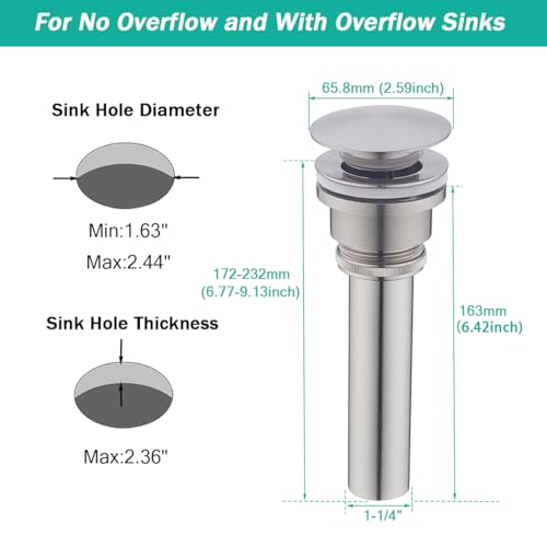 Bathroom Sink Drain With Overflow and Without Overflow Vessel Sink Lavatory Vanity Dual Use Pop Up Drain Stopper,All Metal Rustproof Brass and 304 Stainless Steel,Brushed Nickel - color: Brushed Nickel