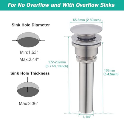 Bathroom Sink Drain With Overflow and Without Overflow Vessel Sink Lavatory Vanity Dual Use Pop Up Drain Stopper,All Metal Rustproof Brass and 304 Stainless Steel,Brushed Nickel - color: Brushed Nickel