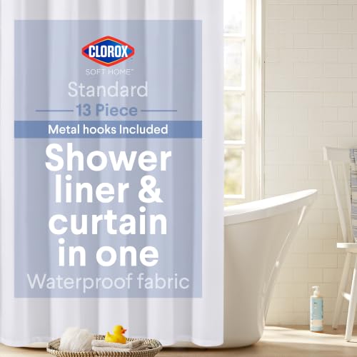 Clorox 2-in-1 Bathroom Shower Curtain Liner w Metal Hooks, Durable Fabric, Weighted Magnets for Bath Water Control, Washable Premium Quality, Modern - 72" x 72" White - color: White - Standard