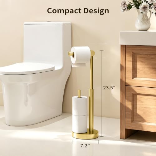Toilet Paper Holder Stand with Storage & Weighted Base, Brushed Gold | Free Standing Stainless Steel Design with Open-Ring Arm for Easy Roll Replacement - color: Brushed Gold