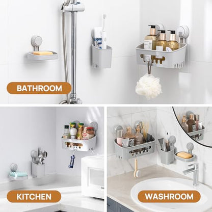 Shower Caddy Suction Cup Set Shower Organizer & Soap Holder, Grey | Toothbrush Holder, Bathroom Shelf Basket NO-Drilling, Removable Suction Storage, Waterproof Bathroom Caddy - color: 3 X Gray