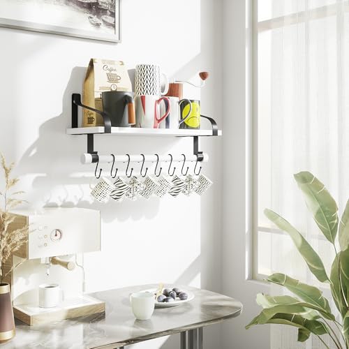 Love-KANKEI 17.3" Floating Wall Shelf Solid Wood/Bracket,Coffee Bar,White | Spice Rack,Towel Bar/8 Hooks,40 Lbs/shelf,Easy to Install,For Kitchen,Bathroom,Living Room,Bedroom,Office,Entryway Display - color: White