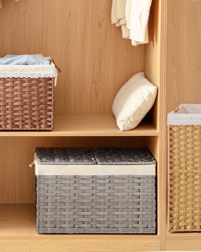 SETVSON Storage Basket with Lid PE Rattan 27.8 Gal Wicker Chest, Gray | 105L Woven Wicker Baskets with 2 Separate Lids, 2 Removable, washable linings, Sturdy Iron Frame, 25.2 x 15.4 x 16.1 Inches - color: Gray, size: 105L-25.2L*15.4W*16.1H