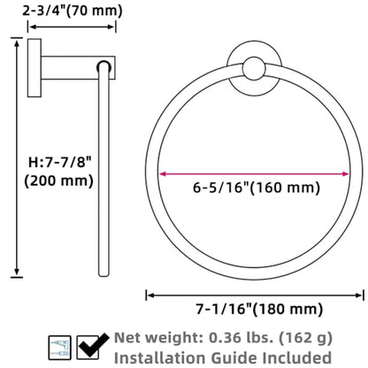 Matte Black Towel Ring Wall Mounted, Hand Towel Holder for Bathroom, Solid Stainless Steel Round Wall Hanger - color: Matte Black, size: Standard Size