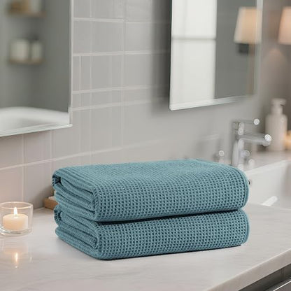 POLYTE 380 GSM Poly Blend Microfiber Quick Dry Waffle Bath Towel, 30x60 in | 2 Pack, Oversize, Lint Free, Body Towel - color: Green