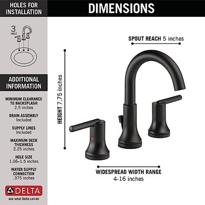Delta Trinsic Matte Black Bathroom Faucet 3 Hole, 8 Inch Widespread Bathroom Sink Faucet for Vanity, Metal Push-Pop Drain Assembly, Matte Black 3559-BLMPU-DST - color: Matte Black