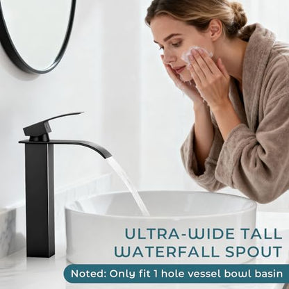 Black Waterfall Bathroom Faucet Single Handle Vessel Sink Faucet | Certified NSF cUPC DOE CEC SUS304 steel.waterfall spout,Bathroom Sink Fauce 1 hole,Pop-up Drain,Fits vanity,Bar sink - color: A-Matte Black, style: Tall