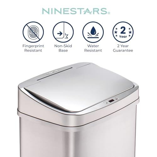 Ninestars 13 Gallon Automatic Trash Can, 50L Touchless Motion Sensor Garbage Can with Odor-Sealing Lid, Rectangular Stainless Steel, Silver Trim - color: Silver Trim