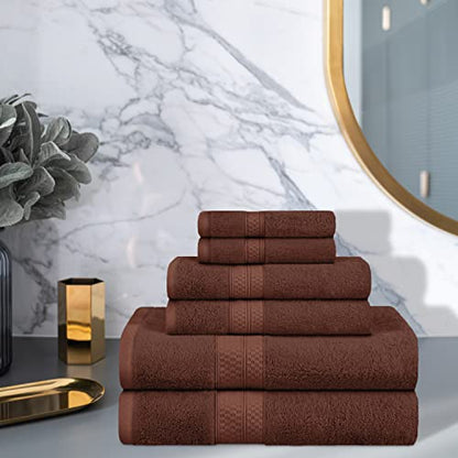 Superior Rayon from Bamboo Cotton Blend 6 Piece Towel Set, for Bathroom, Gym, Spa, Essentials, Includes; 2 Face Towels/Washcloths 13” x 13”, 2 Hand Towels 16” x 30”, 2 Bath Towels 30” x 54”, Cocoa