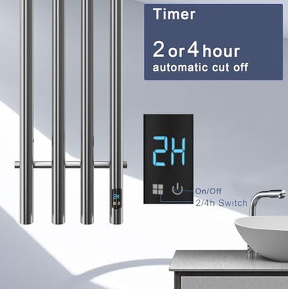 Heated Towel Rack, Gold 4-Bar Wall Mounted Towel Warmer with Timer, Vertical Round Electric Towel Heater, 11.8 x 37.4 x 4.21 Inches (Silver) - color: Silver