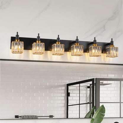6-Lights Crystal Bathroom Vanity Light Black Gold Modern Bathroom Lighting Fixtures Over Mirror, Wall Light Fixtures - color: Black Gold-Square Shade, size: 6-Light