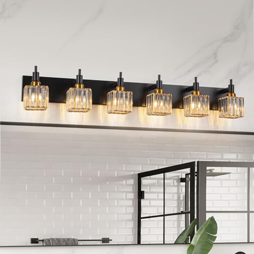 6-Lights Crystal Bathroom Vanity Light Black Gold Modern Bathroom Lighting Fixtures Over Mirror, Wall Light Fixtures - color: Black Gold-Square Shade, size: 6-Light