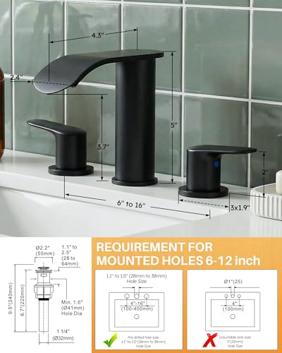 WOWOW Waterfall Bathroom Faucet 3 Hole: 8 Inch Widespread Bathroom Sink Faucet, Matte Black Bathroom Faucet Two Handles Lavatory Vanity Sink Faucets with Pop-up Drain & Supply Hoses - color: Matte Black