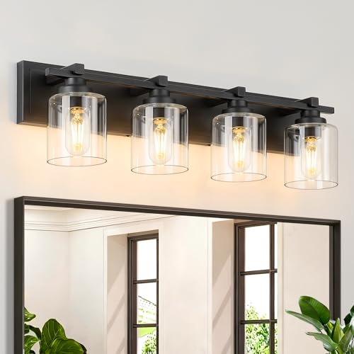 Modern Bathroom Light Fixtures Over Mirror, Vanity Lights for Bathroom Wall Sconces with Clear Glass Shades, E26 Socket (Bulbs Not Included), 4 Light, Black - color: Black - Clear Glass Shades, size: 4-Lights