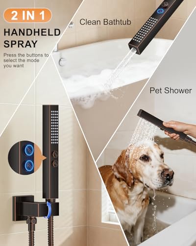 Oil Rubbed Bronze Shower System with Tub Spout, Wall Mounted Bathtub Faucet Set, 12" Rainfall Shower Head and Handheld Shower Combo, High Pressure Shower Fixtures Set with Rough-in Valve - color: Oil Rubbed Bronze, style: 12" Wall Mounted Shower System wi