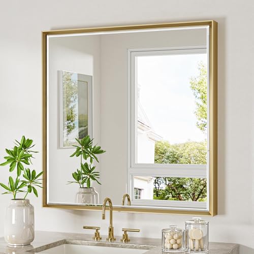 Gold Bathroom Mirror 36x36 Inch Square Beveled Bathroom Vanity Mirror Brushed Gold Framed Bathroom Mirror, Shatterproof Brushed Brass Metal Frame Mirror for Bathroom Wall - color: Brushed Gold, size: 36"L x 36"W