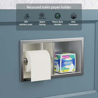 Neodrain Brushed Recessed Toilet Paper Holder,for Standard/Mega Roll | Dual Roll,304 Stainless Steel, Hidden In-Wall, Simple Loading and Unloading, Space-Saving for Modern Bathrooms & RV - color: Brushed