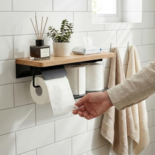 Toilet Paper Holder with Shelf - 2 Tier Wood Toilet Paper Holder Wall Mount for Bathroom, Rustic Natural Wood Double Toilet Paper Holder, Smart Bathroom Organizer with Shelf