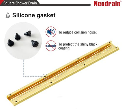 Neodrain 30" Linear Shower Drain, Gold 304 SS Bathroom Linear Drain,cUPC | Gold Shower Drain with Quadrato Grate& Adjustable Feet, Long Rectangle Shower Floor Drain in Bathroom, Balcony etc - color: Golden, size: 30 In