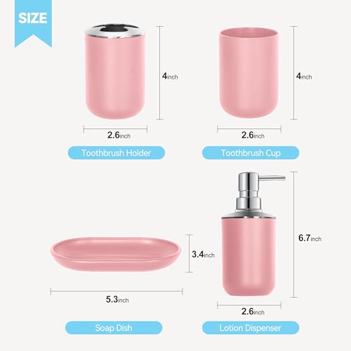 Pink Bathroom Accessories Set 4 PCS, Pink Bathroom Accessories | Plastic Soap Dispenser and Toothbrush Holder Set, Soap Dish and Mouthwash Cup, Boho Bathroom Decor, Bathroom Set - size: 4Pcs Pink