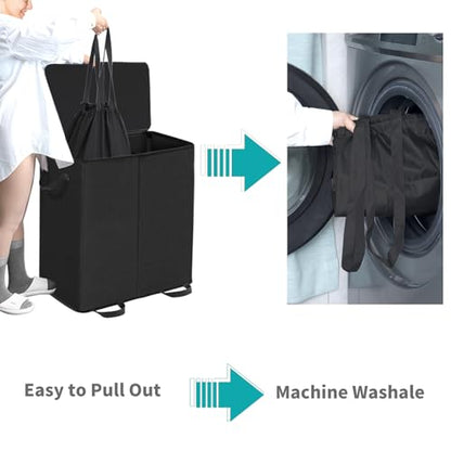 Double Laundry Hamper with Lid and Removable Bags, Laundry Basket 2 Section, Double Hampers for Laundry, Large Divided Hamper, Dual Laundry Hamper 2 Section with Handles Dorm 140L Black