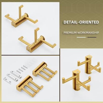 Angle Simple Towel Hooks, Swivel Bathroom Hook, Brushed Dark Gold, 2 Pack | SUS304 Stainless Steel, Folding 3 Arms, Kitchen Hand Towel Dishcloth Holder, Space Saver Fits Narrow Spot, Screws Mounted - color: Brushed Dark Gold, size: 2 Pack
