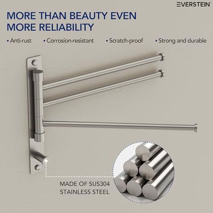 Swivel Towel Rack, Brushed Nickel, 12.5 in, 3-Arm Towel Bar | 304 Stainless Steel, Space Saving, Wall Mounted, With Hook - color: Brushed Nickel