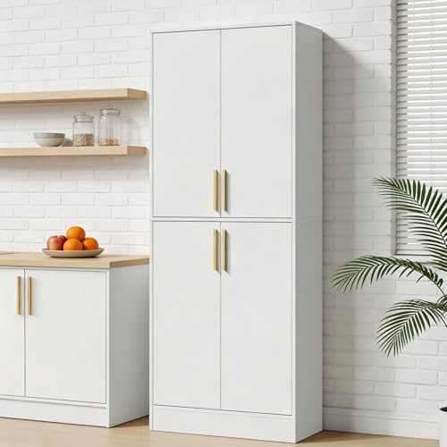 Housoul 71" Tall Pantry Cabinet with 4 Doors, Kitchen Pantry Storage Cabinet, Freestanding Larder Cupboard, Kitchen Hutch with Gold Handles for Dining Room, Bathroom, White - color: White
