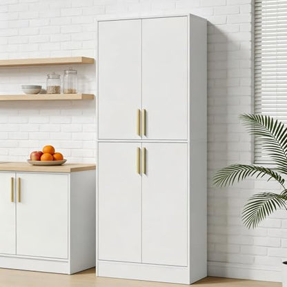 Housoul 71" Tall Pantry Cabinet with 4 Doors, Kitchen Pantry Storage Cabinet, Freestanding Larder Cupboard, Kitchen Hutch with Gold Handles for Dining Room, Bathroom, White - color: White
