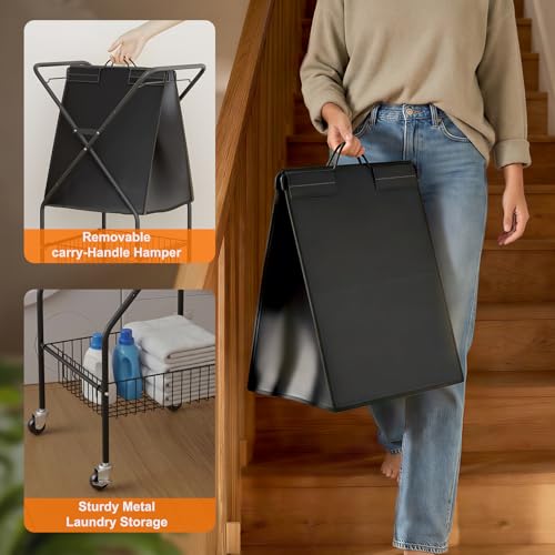 Laundry Basket with Wheels:88L Rolling Laundry Cart Foldable Metal Frame Dirty Clothes Laundry Hamper 36"H 4 Caster 2 Brake Waterproof Removable Liner Carry Handle for Dorm Laundry Room,Black - color: Black