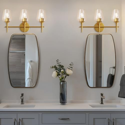 22 Inch 3-Light Gold Bathroom Vanity Light Fixtures | Wine Glass Clear Glass Wall Sconce, Modern Wall Mount Light for Bathroom, Hallway, Bedroom - color: 22 inch_Gold_3 lights