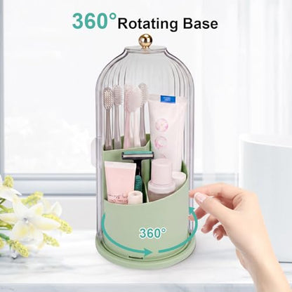 QIYVLOS Toothbrush Holders with Sliding Lid, Rotating 3 Slots Bathroom Organizer Countertop, Tooth Brush Toothpaste Holder Bathroom Counter Stand Sink Organizer Caddy for Makeup Brushes Holder (Green) - color: Green+Transparent