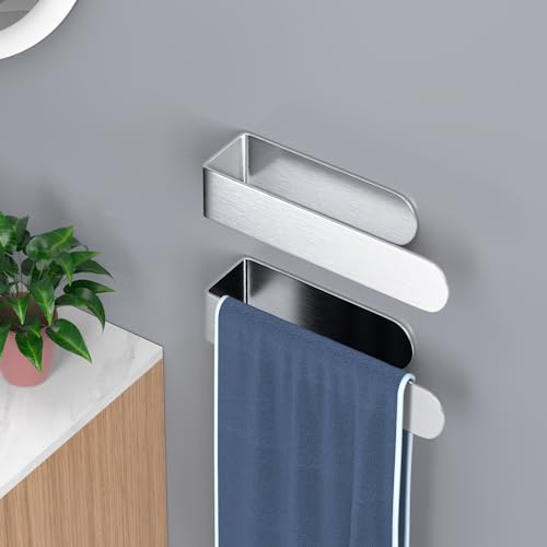 HUFEEOH 2 Pack Adhesive Hand Towel Holder, Sticky Towel Bar Towel Holder Wall Mounted, Stainless Steel Kitchen Towel Holder Hand Towel Rack for Bahtroom Hotel RV Kitchen (Silver) - color: Silver, size: 8 Inch (2PC)