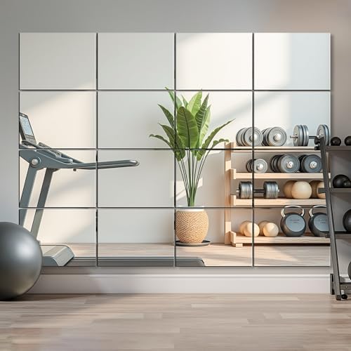 Home Gym Mirror Tiles, 16x12'', 16-Piece, Large Square Workout Mirrors | Full Body Wall Mirror, For Garage, Bedroom, Bathroom - size: 16''x12''-16PCS