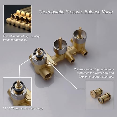 Thermostatic Full Body Shower System with Ceiling 12 inch Rainfall Shower and 8 inch Shower Head, Brushed Nickel Shower Faucet Set with Handheld Sprayer and 4 PCS Body Jet - color: Brushed Nickel, size: 12+8" Ceiling Shower