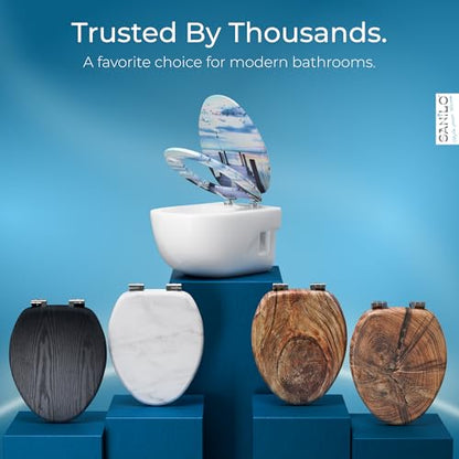 SANILO Wooden Toilet Seat with Soft Close [ELONGATED] - Decorative, Quiet & Slow Close Molded Wood Seat - With Strong Bumpers & Hinges - Adjustable Fit - Sunset - color: Sunset
