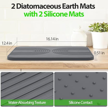 2 PCS Stone Dish Drying Mat ＆ Silicone Mat for Kitchen Counter – Diatomaceous Earth Bath Mat for Bathroom, 16.14"L×12.4"W×2 Quick Dry Mats for Dishes ,Bottles, Cups, Match Any Countertop(Gray) - color: Gray