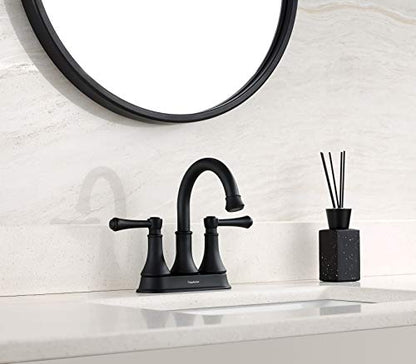 TimeArrow Matte Black Bathroom Sink Faucet for 3 Holes with Pop-up Drain | High Arc Modern 2 Handle 4 Inch Bathroom Faucet, Vanity Lavatory Faucet with 360° Swivel Stainless Steel Spout, TAF067Y-MB - color: Matte Black-067Y