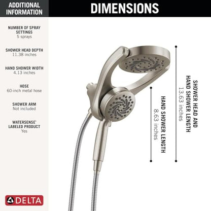 Delta 5-Setting HydroRain 2-in-1 Dual Shower Head with ProClean Spray, Brushed Nickel High Pressure Shower Head with Handheld Spray, 1.75 GPM Flow Rate, Satin Nickel 75419SN - color: Spotshield Brushed Nickel