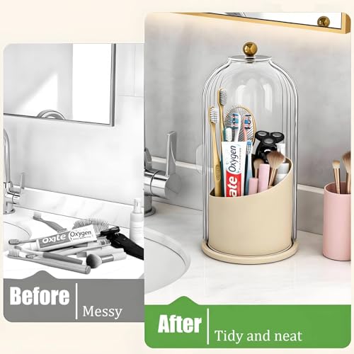 JEESA Dustproof Toothbrush Holder with Cover, Beige | 360° Rotating, 180° Sliding Lid, 3 Slots, Toothbrush Organizer, for Bathroom Countertop - color: Beige