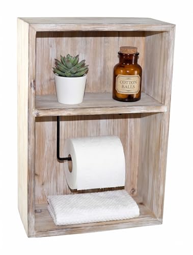 Wall Mount Toilet Paper Holder, Decorative Tissue Paper Roll Dispenser Floating Shelf, Recessed Cubby Box Bracket Cabinet, Storage, Reserve, Organize for Bathroom, Rustic Torch Wood- Grey
