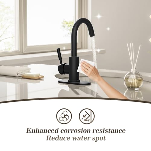 Single Hole Matte Black Single-Handle High-Arc Stainless Steel Faucet for Pre-Kitchen Sink/Bar Sink/Bathroom Sink, with 4 Inch Deck Plate and Supply Hoses, Matte Black, WE08E-MB - color: Matte Black