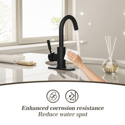 Single Hole Matte Black Single-Handle High-Arc Stainless Steel Faucet for Pre-Kitchen Sink/Bar Sink/Bathroom Sink, with 4 Inch Deck Plate and Supply Hoses, Matte Black, WE08E-MB - color: Matte Black