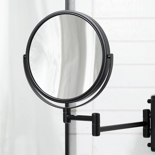 JERDON Wall-Mounted Makeup Mirror - 5X Magnification - Black - JP7506BK | 8" Round Frame, 13.5" Wall Extension Arm - color: Black, size: 5X Magnification